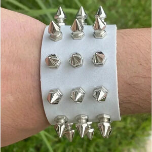 White Leather Punk Goth Rock Triple Spike Metal Stud Snap Cuff Bracelet New